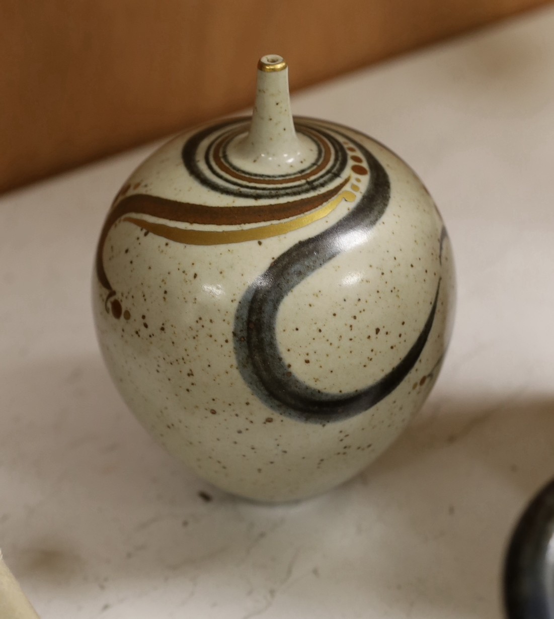 A Gordon Cooke abstract studio pottery panel, together with a Bernard Charles vase and other studio pottery, tallest 22cm